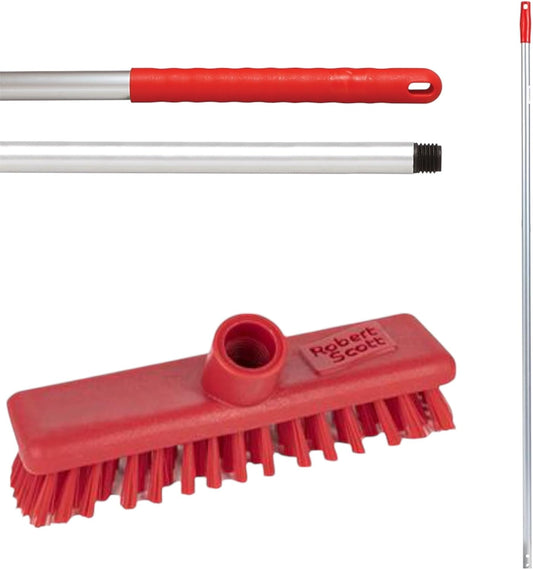 Robert Scott Washable Deck Scrub 23cm, 9 inches, Red and Colour Coded Hygiene Handle 125cm